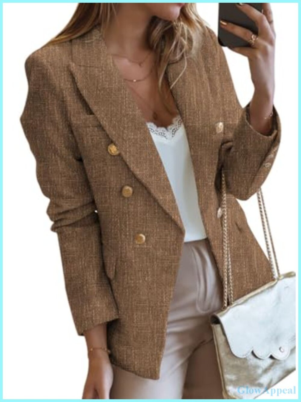 Tweed Blazer Double Breasted Long Sleeve Open Front Women's Work Suit Jacket